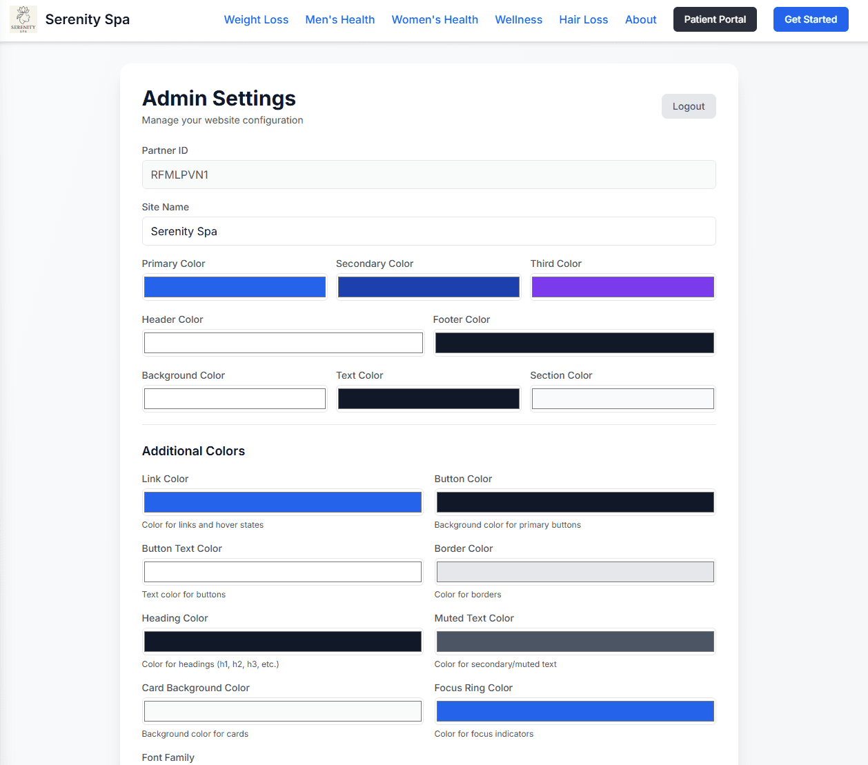 Admin settings page - Click to expand