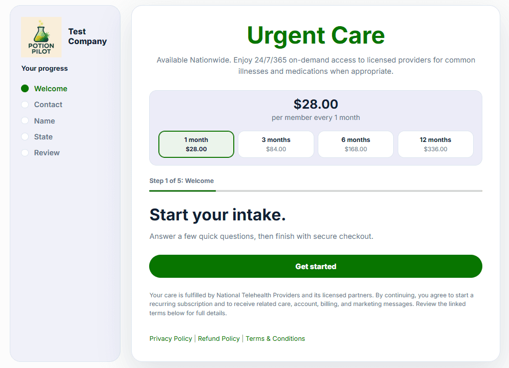 Branded intake workflow for a peptide telehealth program