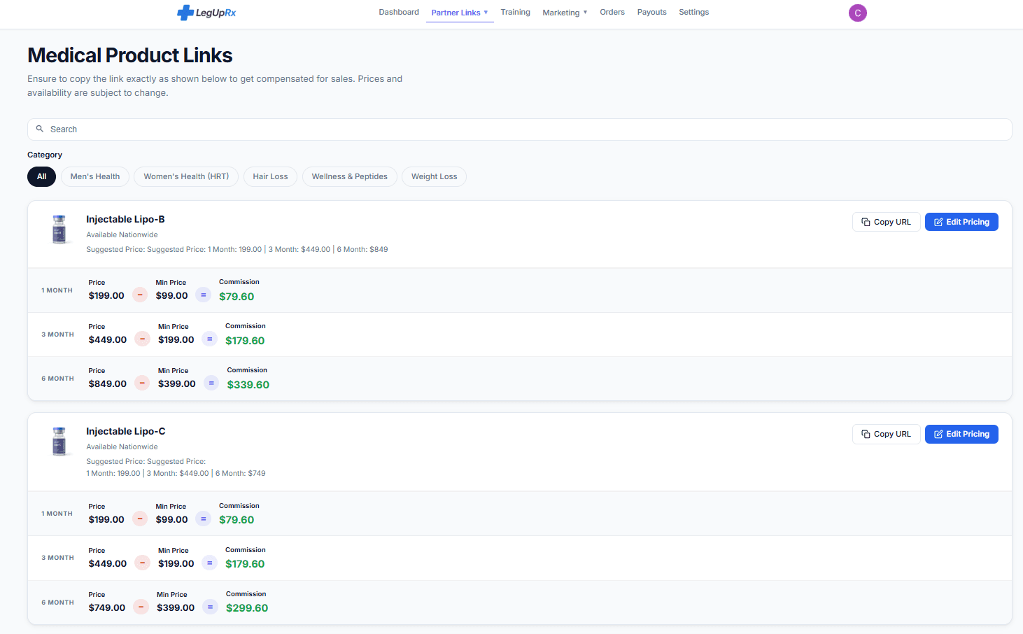 Medical product links and pricing controls inside the platform